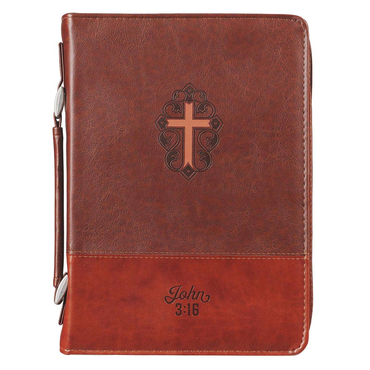 Bible Cover Classic Brown Two-tone Cross John 3:16