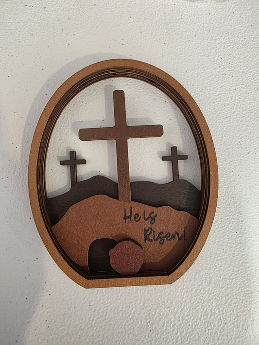 Wooden "He Is Risen" shelf decor